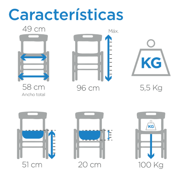 Caracteristicas SILLA SANITARIA EN ALUMINIO CON RUEDAS